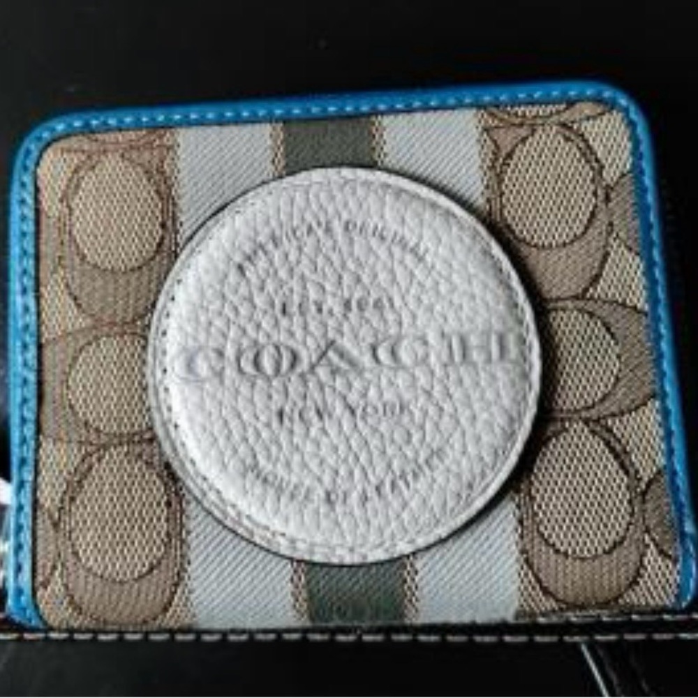 Coach Tan Signature Canvas Card Holder with White Logo Patch and Blue Trim
